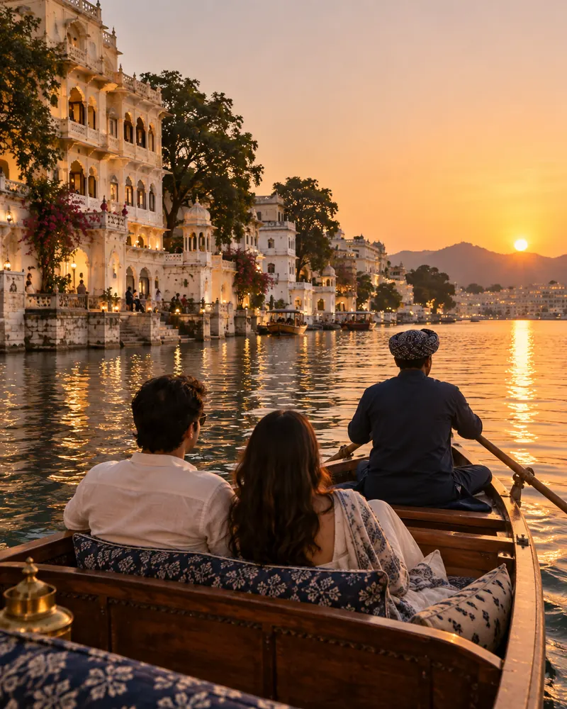 A couple in the hotel boat at sunset