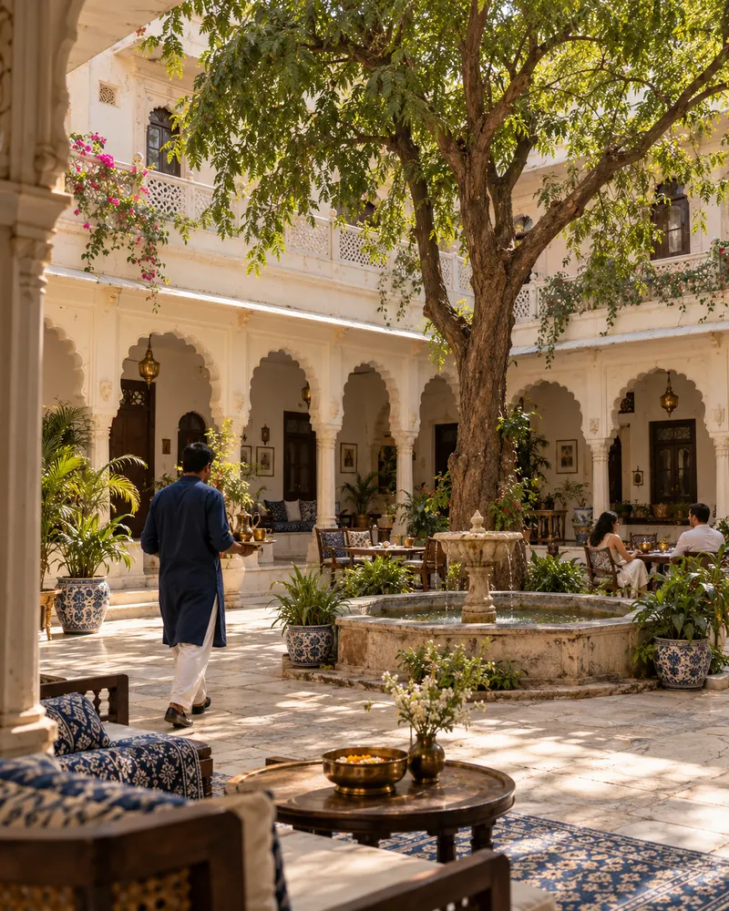 Staff member carrying a brass tea tray across the courtyard