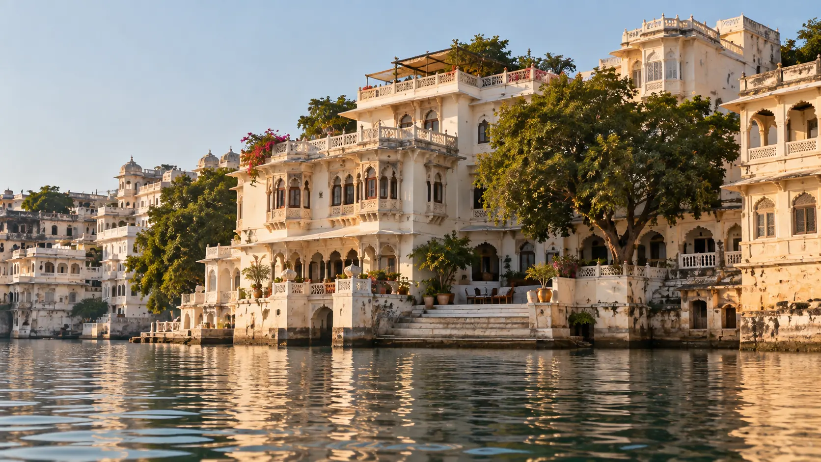 Jheelhouse haveli seen from Lake Pichola, with a carved facade and ghat steps