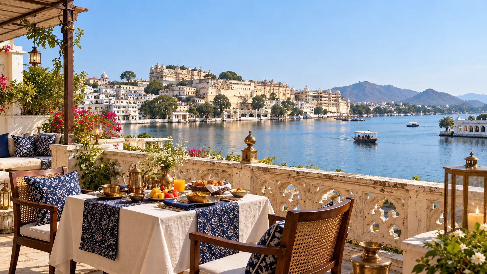 Breakfast table on the rooftop terrace, Lake Pichola and the City Palace across the water in morning light