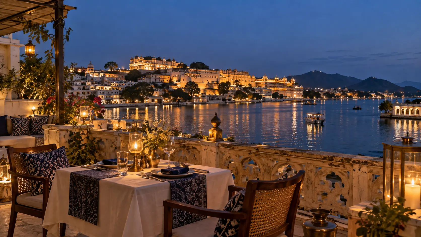 The same rooftop at night, candles on the table and the lit City Palace reflected in the lake