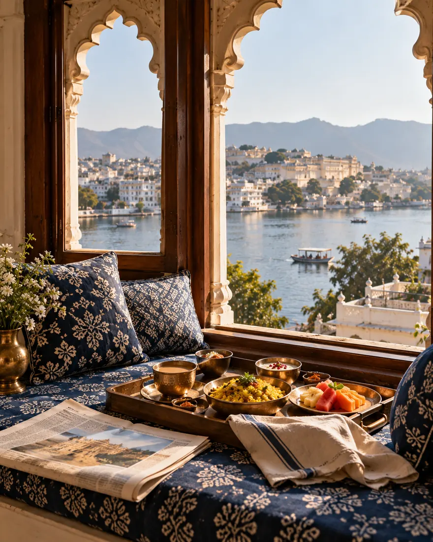 Breakfast tray on a jharokha window seat