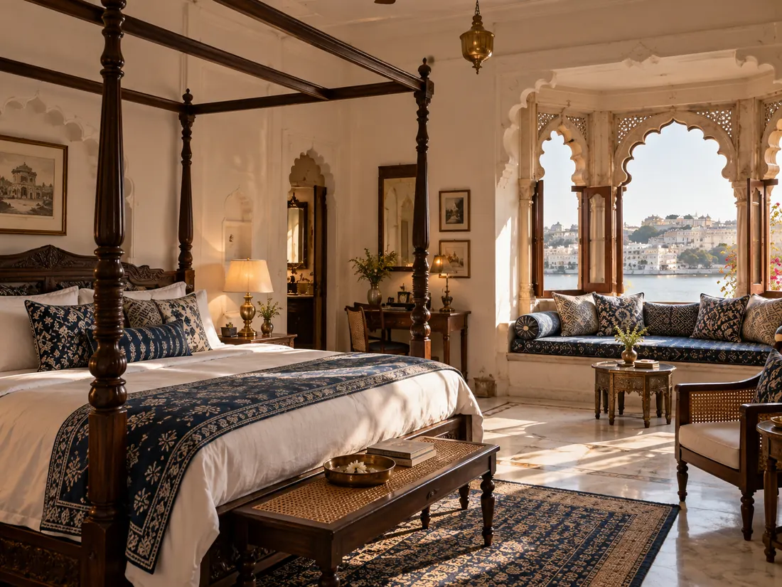 Four-poster bed facing a carved jharokha window over the lake