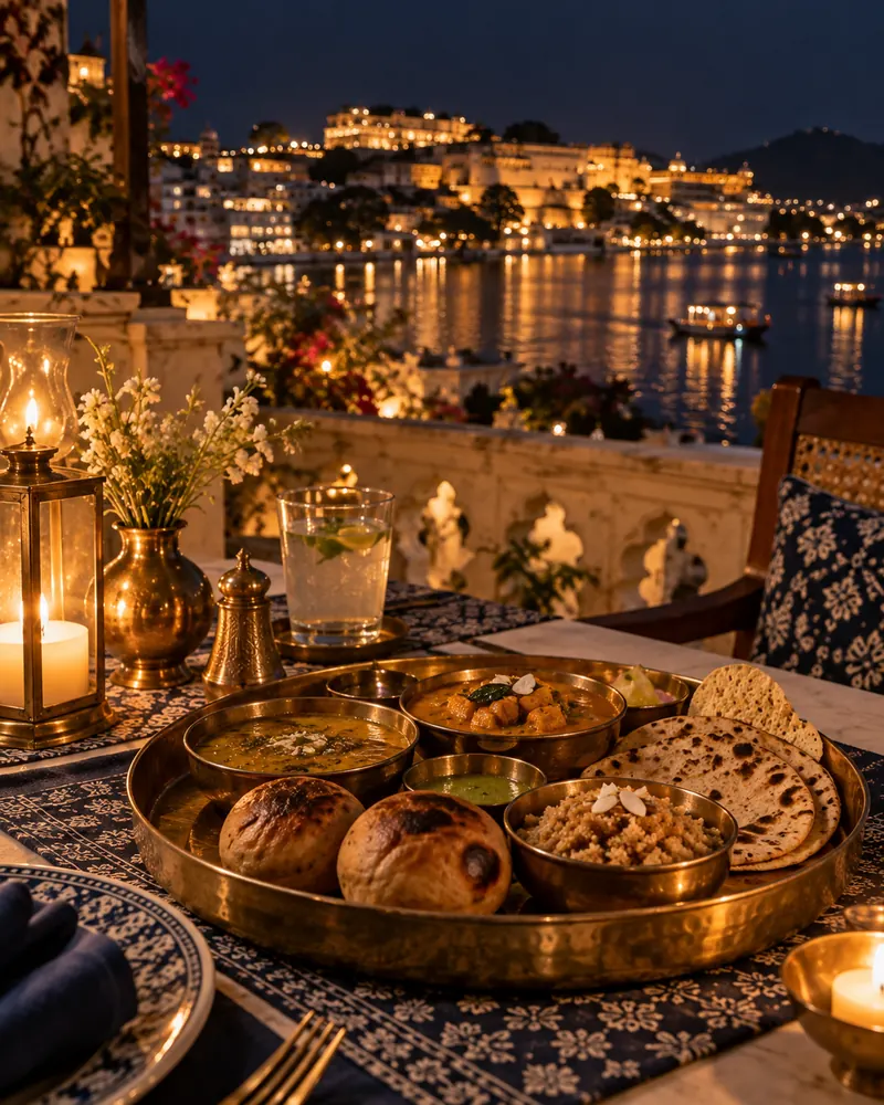 A brass thali on the rooftop at night